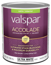 Valspar Accolade 1200 028.0012002.005 Latex Paint, Acrylic Base, Satin, Ultra White, 1 qt, Metal Can